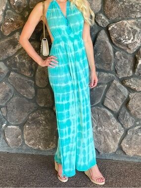Turquoise Tie-Dye Halter Maxi Dress